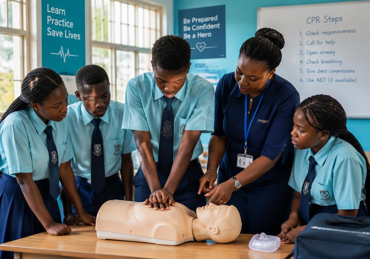 Students practising CPR on a training manikin